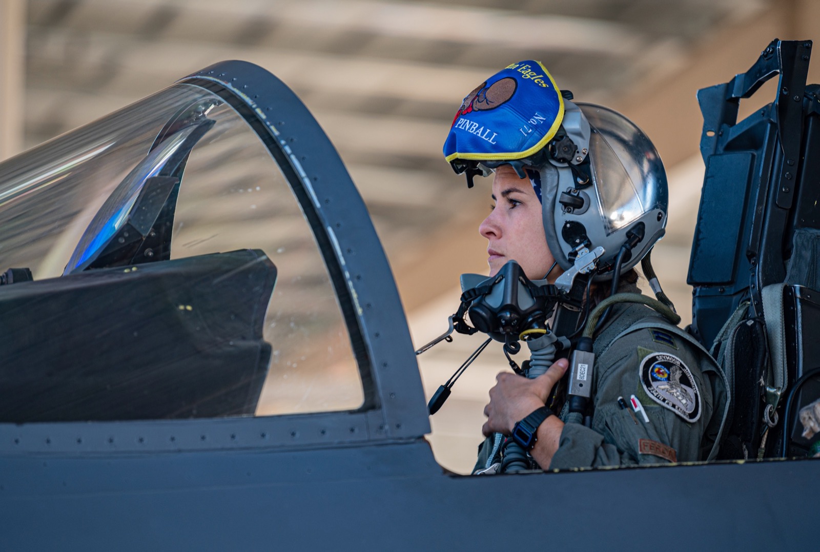 F-15E aircrew member preparing in the cockpit