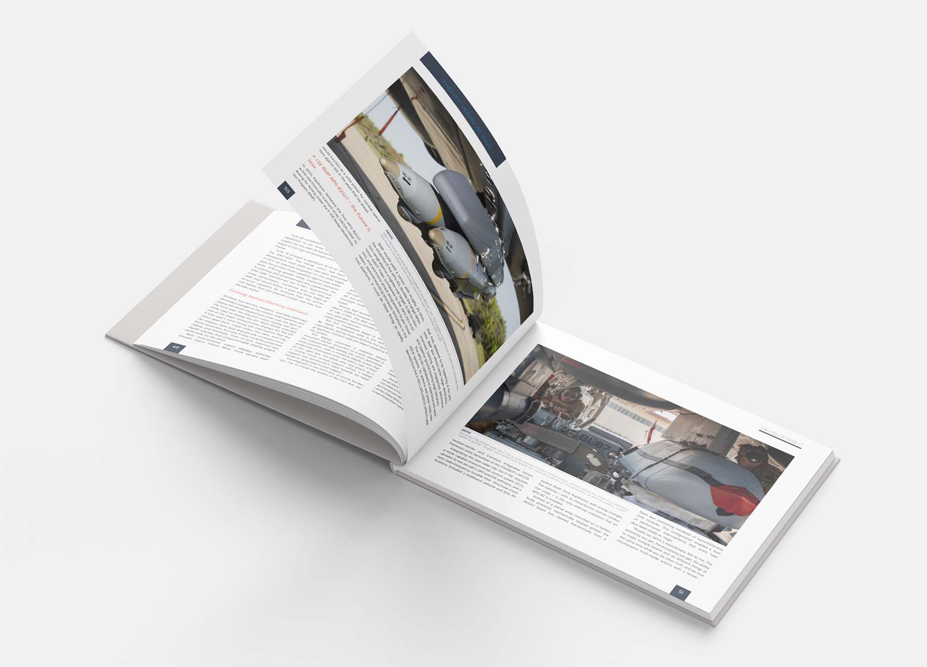 Open Twenty Years at War hardback with a turning page showing weapons and maintenance imagery